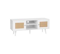 VEVOR Meuble TV en rotin, 1200 x 400 x 490 mm, Console TV bohème pour télévisions de 55'', Meuble TV Moderne du Milieu du siècle, Banc TV avec étagères réglables pour Salon et Salle multimédia, Blanc