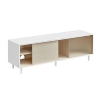 VASAGLE Meuble TV Montage Rapide Toolless Banc 140 x 39 x 45 cm Blanc Nuage et Beige Naturel