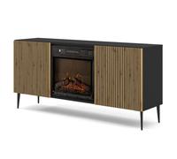 Meuble TV RAVENNA 2D 170 cm avec cheminée électrique noir mat chêne artisan
