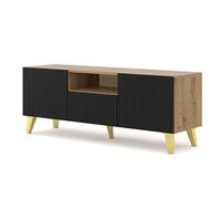 Meuble TV Ravenna PB 150 2D1S chêne artisan / noir mat portes rainurées pieds dorés