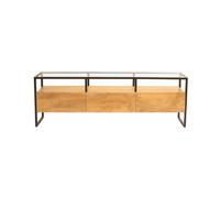 Meuble TV rectangulaire avec rangements en bois manguier massif, verre et métal noir L150 cm DIYA