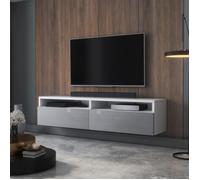 Meuble TV - REDNAW - 140 cm - blanc mat / gris brillant - 2 niches ouvertes - avec 2 tiroirs - style moderne