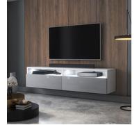 Meuble TV - REDNAW - 140 cm - blanc mat / gris brillant - 2 niches ouvertes - avec 2 tiroirs - style moderne - avec LED