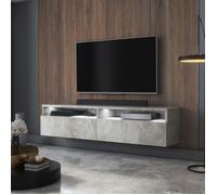 Meuble TV - REDNAW - 140 cm - gris béton - 2 niches ouvertes - avec 2 tiroirs - style moderne - avec LED