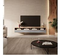 Meuble TV - REDNAW - 200 cm - chêne wotan / gris brillant - 4 niches ouvertes - style moderne - avec LED