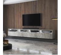 Meuble TV - REDNAW - 200 cm - gris béton - 4 niches ouvertes - 2 tiroirs - style moderne - avec LED