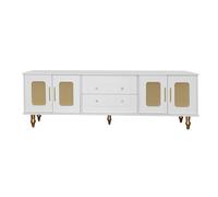 Meuble TV rétro avec poignées dorées, portes en rotin et pieds en métal, grand espace de rangement, 175x38x55,5 cm, Blanc