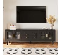 Meuble TV rétro bas avec poignées dorées et pieds en bois massif, armoire TV en bois avec porte en verre et tiroirs, buffet TV avec grand espace de rangement 175 x 38 x 55,5 cm (noir)