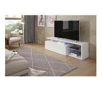 Meuble TV réversible BLUE-TECH - Mélaminé blanc laqué - 1 Porte abattante - LED - Blanc brillant - L150 x P41 x H43 cm