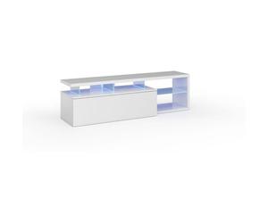 Meuble TV réversible BLUE-TECH - Mélaminé blanc laqué - 1 Porte abattante - LED - Blanc brillant - L150 x P41 x H43 cm