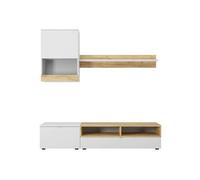 Meuble TV ROBIN avec étagère et colonne murale - Blanc et Bois