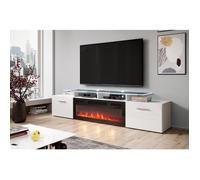 Meuble TV ROVA EF 190 cm blanc brillant avec cheminée électrique noire et LED