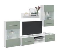 Meuble TV Salon Moderne avec Éclairage LED, Ensemble 5 Pièces Vert Olive en Bois d'Ingénierie Stable, Grand Rangement pour Téléviseur, Bibliothèque et Déco Murale