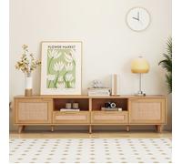 Meuble TV Salon Style Campagne,2 portes 2 tiroirs,Armoire Buffet Bas Design en Rotin,Banc TV,Pieds en Bois Massif,200x37x49cm