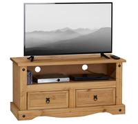 Meuble TV SALSA banc télévision de 108 cm en bois style mexicain avec 2 tiroirs et 1 niche, en pin massif finition teintée/cirée