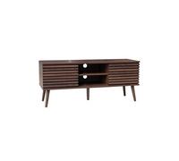 sweeek - Meuble TV scandinave avec 2 Portes décor Bois Noyer rainuré et 1 Niche Centrale avec étagère L120cm