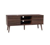 sweeek - Meuble TV scandinave avec 2 Portes décor Bois Noyer rainuré et 1 Niche Centrale avec étagère L120cm