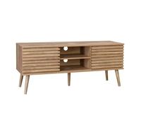 sweeek - Meuble TV scandinave avec 2 Portes décor Bois rainuré et 1 Niche Centrale avec étagère L120cm