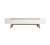 Meuble TV scandinave blanc laqué brillant et bois L180 cm MELKA