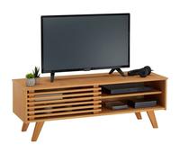 Meuble TV SEAN banc télé de 115 cm au design vintage avec 4 niches et 1 porte coulissante ajourée, en pin massif à la finition