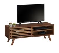 IDIMEX Meuble TV Sean Banc télé de 115 cm au Design Vintage avec 4 niches et 1 Porte coulissante ajourée, en pin Massif lasuré Brun foncé