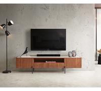 Meuble-TV Secara 200 cm acacia marron 2 portes 2 tiroirs marbre pieds noirs