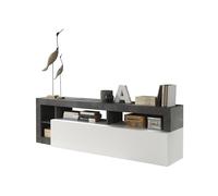 Meuble TV - MAESTRO - Finition Blanc Laqué et Effet Oxyde - 1 Porte Abattant - Style Contemporain/Design