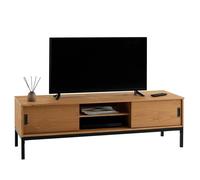 Meuble TV SELMA banc télé de 145 cm au style industriel design vintage avec 2 portes coulissantes, en pin massif teinté brun clair