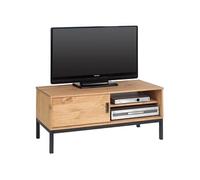 Meuble tv selma banc télévision style industriel design vintage avec 1 porte coulissante et 2 niches, en pin massif brun clair