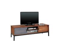 Meuble TV SELMA L 145 cm en bois massif brun foncé au style industriel design vintage avec 2 portes coulissantes