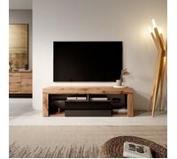 Meuble TV - SELSEY - Bianko - 140 cm - Chêne Lancaster/Noir brillant - Portes & tablettes en verre