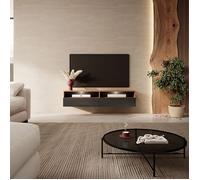 Meuble TV - REDNAW - 140 cm - chêne wotan / noir brillant - 2 niches ouvertes - style moderne - avec LED