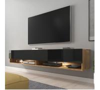Meuble TV - SELSEY - Wander - 180 cm - LED - Chêne Wotan/Noir Brillant