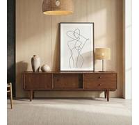 Meuble TV SIMONA L 175 cm en Bois Massif Coloris Châtaignier avec 2 Tiroirs 2 Portes Coulissantes, Pour téléviseur jusqu'à 75", Style Vintage Scandinave Années 50, Rangement pratique pour Salon