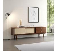 Meuble TV SIMONA L 175 cm en bois massif coloris châtaignier avec 2 Tiroirs 2 Portes Coulissantes, Pour téléviseur jusqu'à 75", Style Vintage Scandinave Années 50 avec Rotin Tressé, Rangement pratique