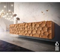 Meuble-TV Solu 175 cm acacia naturel 2 portes 2 tiroirs flottant façade 3D