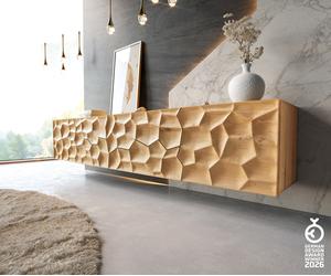 Meuble-TV Solu 220 0cm en chêne naturel 2 portes 4 tiroirs fixation murale Face avant 3D