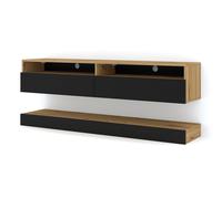 Meuble TV STAND DUO 160 suspendu et au sol de couleur Chêne avec façades Noires