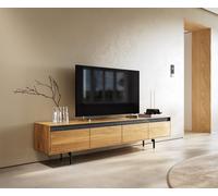 Meuble-TV Stonegrace 200 cm Chêne Naturel Ardoise 4 tiroirs Pied Ovale Métal Noir
