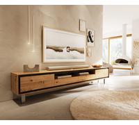 Meuble-TV Stonegrace 240 cm Chêne naturel 2 portes 2 tiroirs 1 compartiment Pied carré inoxydable brossé
