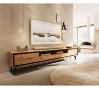 Meuble-TV Stonegrace 240 cm Chêne naturel 2 portes 2 tiroirs 1 compartiment Pied Ovale Métal Noir