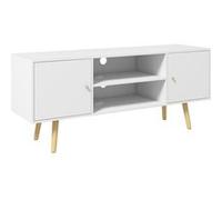 Meuble TV style scandinave 2 portes 2 niches passe-fils piètement bois pin panneaux blanc Blanc G