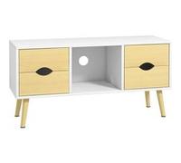 Meuble TV style scandinave 4 tiroirs coulissants niche passe-fils piètement bois pin blanc aspect bois clair Blanc G