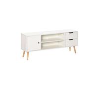 HOMCOM Meuble TV Banc TV Style scandinave Placard 2 niches 2 tiroirs Passe-Fils Panneaux Particules Blanc Bois pin