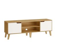 Meuble TV, Support Télé avec Étagère Réglable, pour Télévision jusqu'à 65 Pouces, Longueur 147 cm, Couleur Chêne Naturel et Blanc