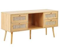 Meuble TV Support Télé en Rotin Bois Clair avec 4 Tiroirs et Espace Rangement Perote