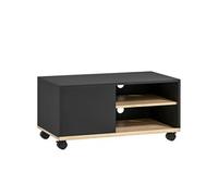 HOMCOM Meuble TV sur roulettes avec 2 Freins - 2 niches + Placard Porte 2 Passe-Fil - en Bois Noir chêne Clair