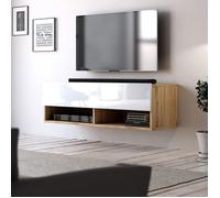 Meuble TV suspendu 1 porte abattant - L100 cm - 100 cm X 32,5 cm X 31,5 cm - DERBY - Chêne artisan / blanc