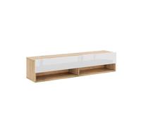 Meuble TV suspendu 1 porte abattant - L140 cm - 140 cm X 32 cm X 31 cm - DERBY - Chêne artisan / blanc