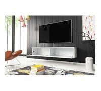 Meuble TV suspendu - 140 cm - Lowboard D - blanc - façades brillantes sans poignées, design épuré pour un intérieur moderne